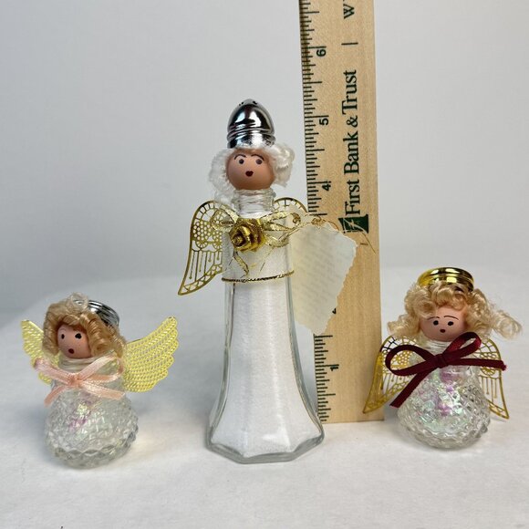 Set Of 3 Vintage Kitchen Angel Salt and Pepper Shakers Glass Handmade 2.5"-5" - Picture 11 of 13